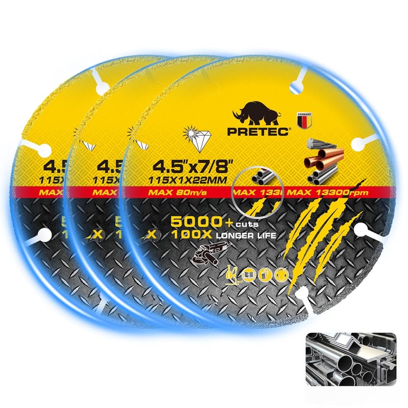 PRETEC Diamond Cutting Wheel 4-1/2 Inch with 7/8" Arbor Hole, Carbide Cut Off Wheel for Angle Grinder, Metal Cutting Disc with 5000+ Cuts on Rebar, Steel, Iron & INOX–3 Pack - Image 1